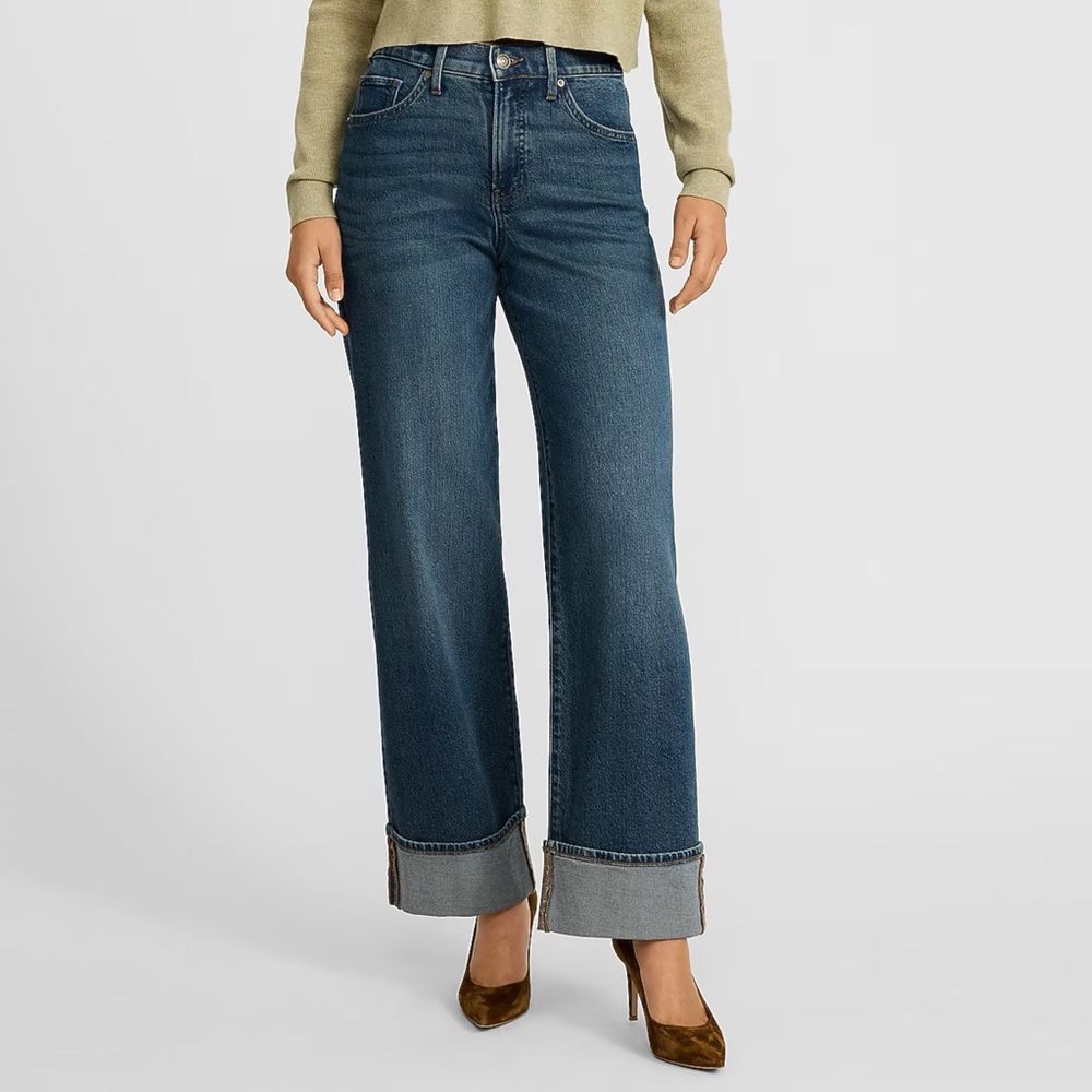 Express High Waisted Medium Wash Cotton Stretch Cuffed Wide Leg Denim Jeans